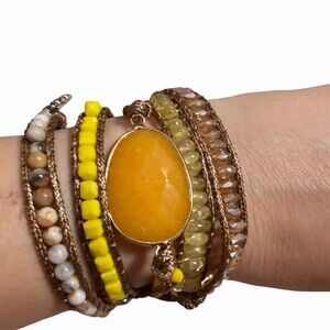 Boho Multi-Strand Wrap Bracelet Multicolor Yellow Beads Oval Cabochon